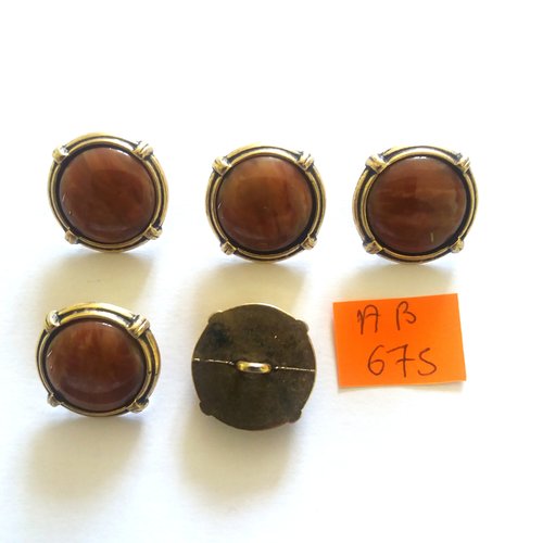 5 boutons en métal doré et résine marron - 21mm - ab675