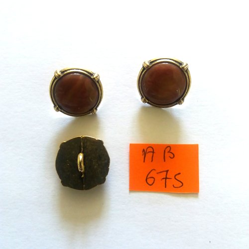 3 boutons en métal doré et résine marron - 16mm - ab675