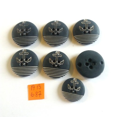 7 boutons en résine bleu foncé et blanc - ancre - 25mm et 20mm - ab687