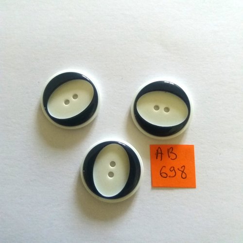 3 boutons en résine bleu foncé et blanc - 22mm - ab698