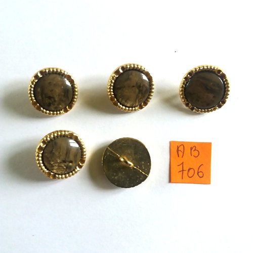 5 boutons en métal doré et résine marron - 17mm - ab706