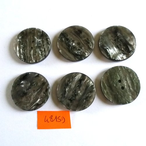 6 boutons en résine gris/vert - vintage - 28mm - 4815d
