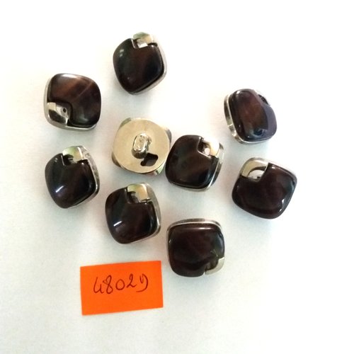 9 boutons en résine marron et argenté - vintage - 16x16mm - 4802d