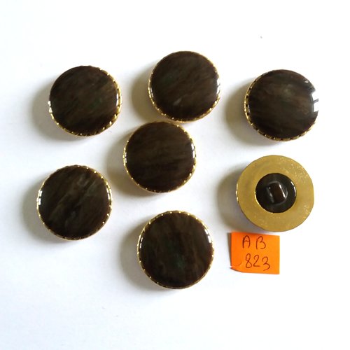 7 boutons en résine marron et métal doré - 27mm - ab823