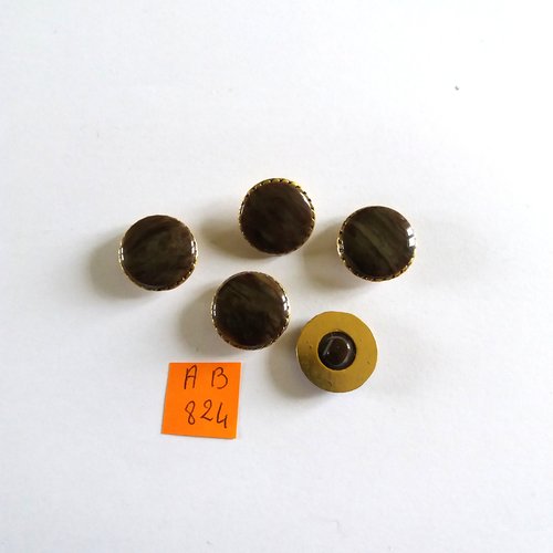 5 boutons en résine marron et métal doré - 17mm - ab824