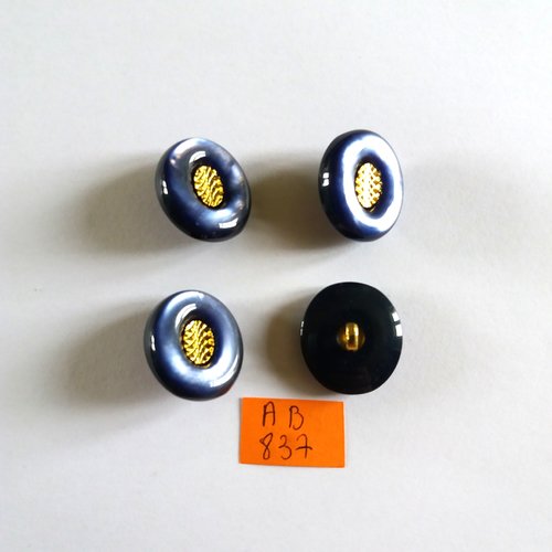 4 boutons en résine bleu et doré - 22x22mm - ab837