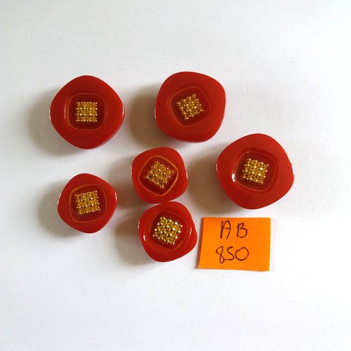 6 boutons en résine rouge foncé et doré - 21mm et 16mm - ab850