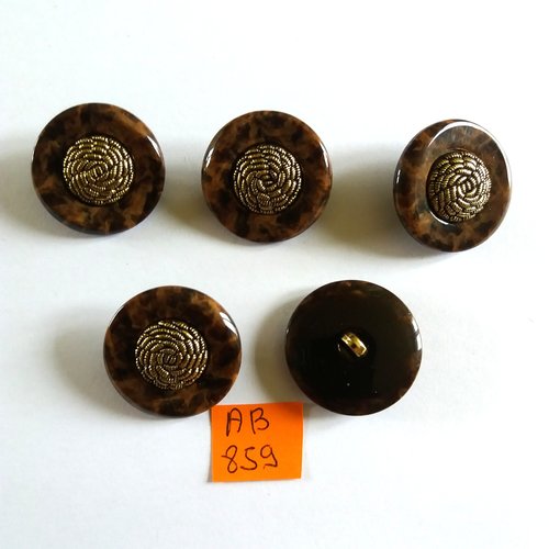 5 boutons en résine marron et doré - 27mm - ab859