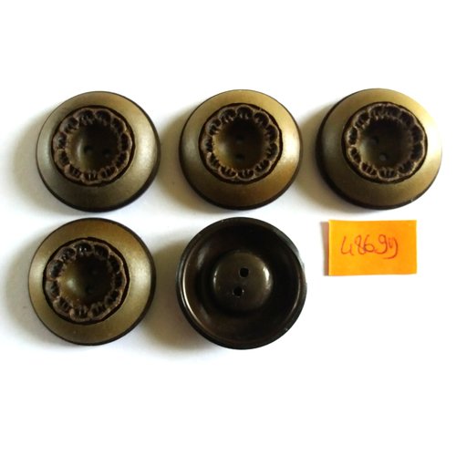 5 boutons en résine vert/kaki et marron - vintage - 28mm - 4869d