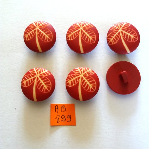 6 boutons en résine rouge foncé et fleur écru - 22mm - ab899