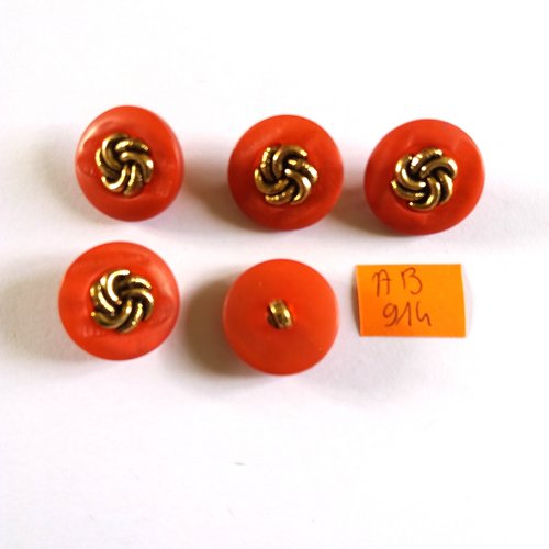 5 boutons en résine rouge et doré - 22mm - ab914