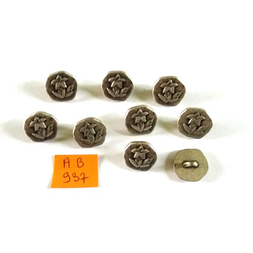 9 boutons en métal argenté - décor fleur - 15mm - ab937