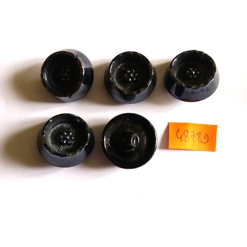 5 boutons en verre noir - vintage - 23mm - 4878d