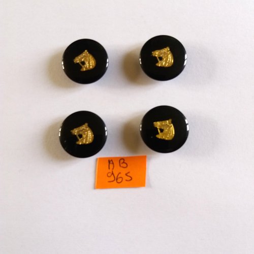 4 boutons en résine noir et doré - tete de cheval - 20mm - ab965