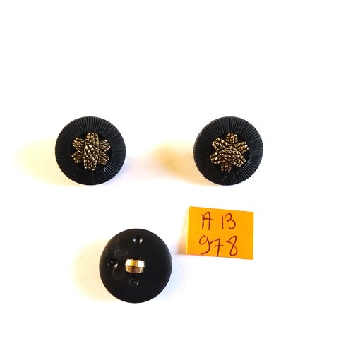 3 boutons en résine noir et doré - 19mm - ab978