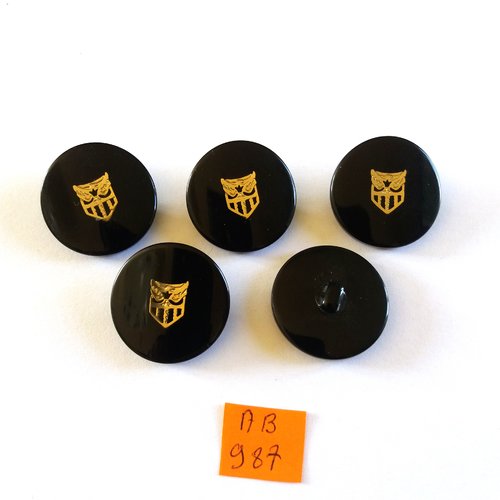 5 boutons en résine noir et doré - décor blason aigle - 28mm - ab987