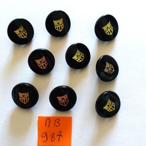 9 boutons en résine noir et doré - décor blason aigle - 15mm - ab987