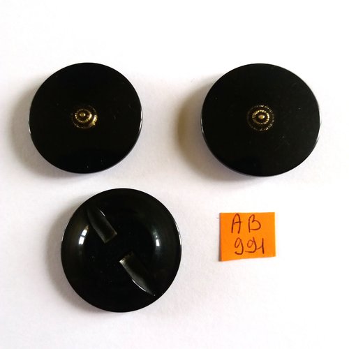 3 boutons en résine noir et doré - 34mm - ab991