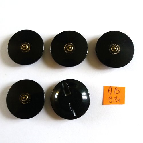 5 boutons en résine noir et doré - 28mm - ab991