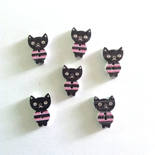 6 boutons fantaisies en bois - petit chat - noir et mauve - 16x11mm - f6