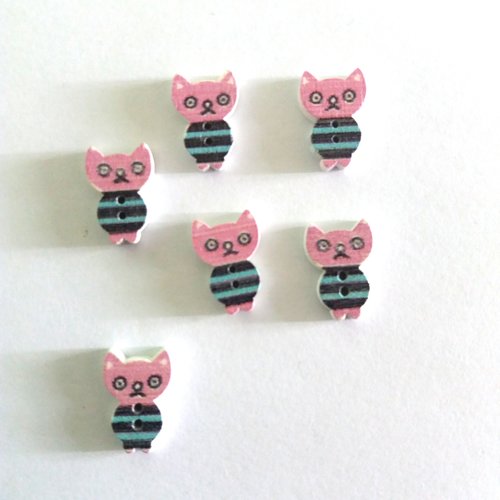 6 boutons fantaisies en bois - petit chat - rose bleu et noir - 16x11mm - f6