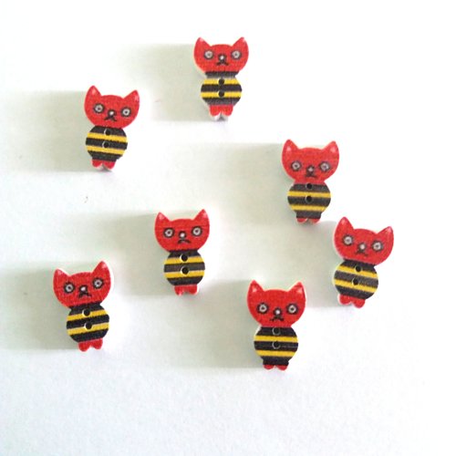 7 boutons fantaisies en bois - petit chat - jaune rouge et noir - 16x11mm - f6