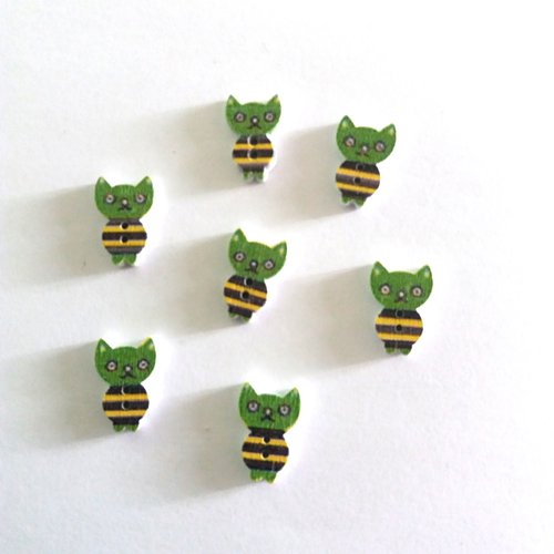 7 boutons fantaisies en bois - petit chat - jaune vert et noir - 16x11mm - f6