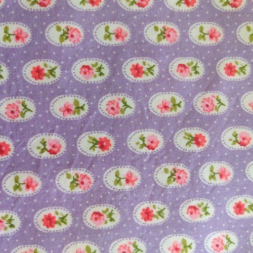 Coupon tissu - médaillon de fleurs, fond mauve - coton - 25x110cm