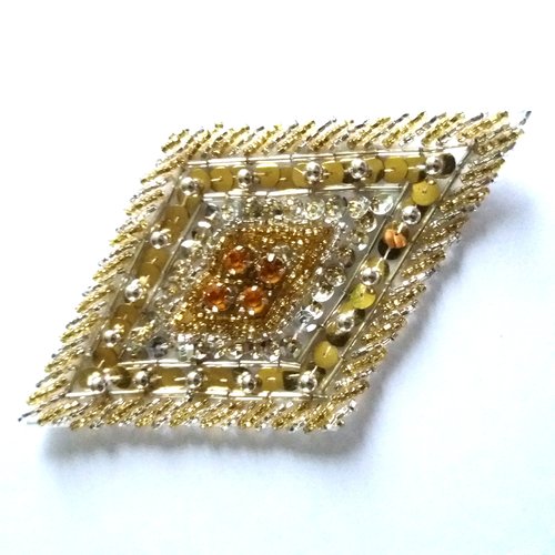 1 broderie de perles en verre en forme de losange - doré et argenté - 13x7cm - 829mp