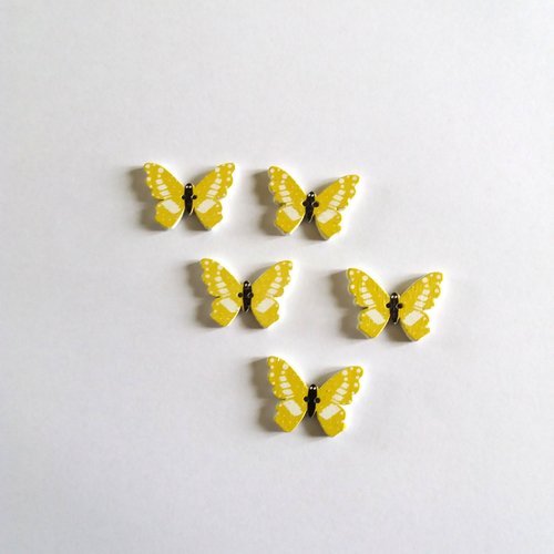 5 boutons fantaisies en bois - papillon - jaune et blanc - 25x18mm - f6