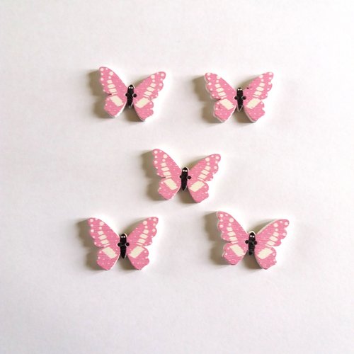 5 boutons fantaisies en bois - papillon - rose et blanc - 25x18mm - f6