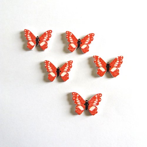 5 boutons fantaisies en bois - papillon - rouge et blanc - 25x18mm - f6