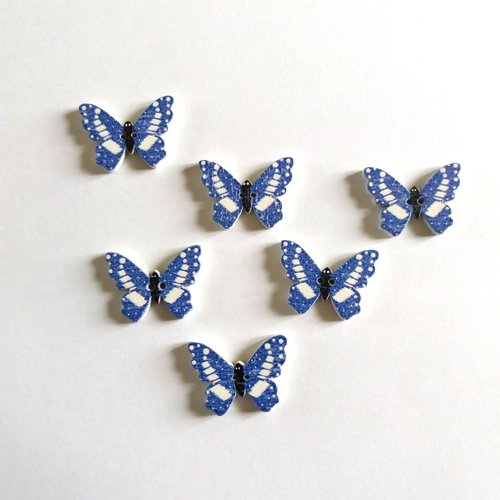 6 boutons fantaisies en bois - papillon - bleu et blanc - 25x18mm - f6