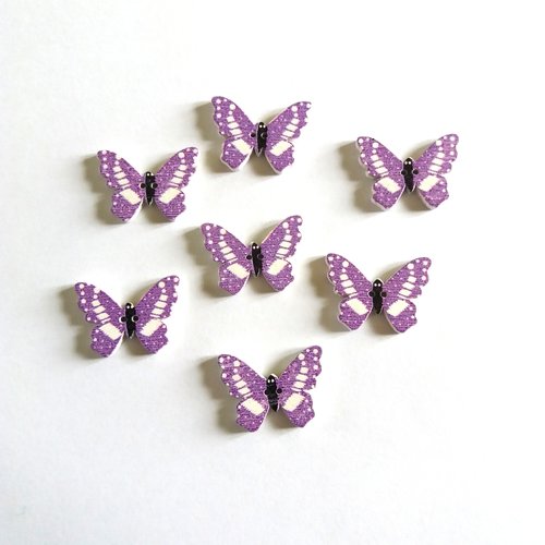 7 boutons fantaisies en bois - papillon - violet et blanc - 25x18mm - f6