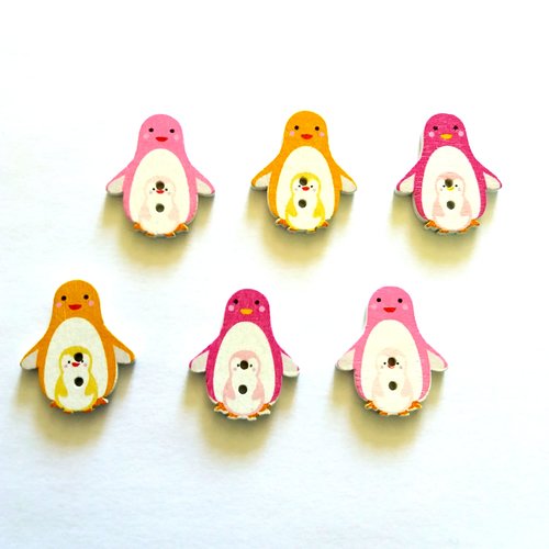 6 boutons fantaisies en bois - pingouin  - rose mauve jaune - bri435 - n°3