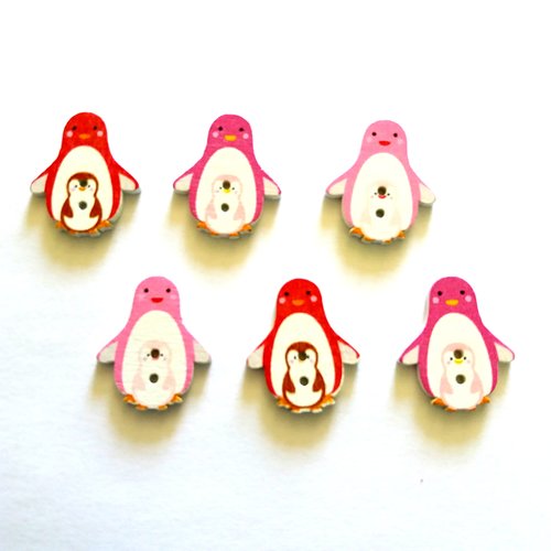6 boutons fantaisies en bois - pingouin  - rose mauve rouge - bri435 - n°5