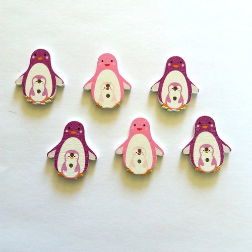 6 boutons fantaisies en bois - pingouin  - violet rose - bri435 - n°10