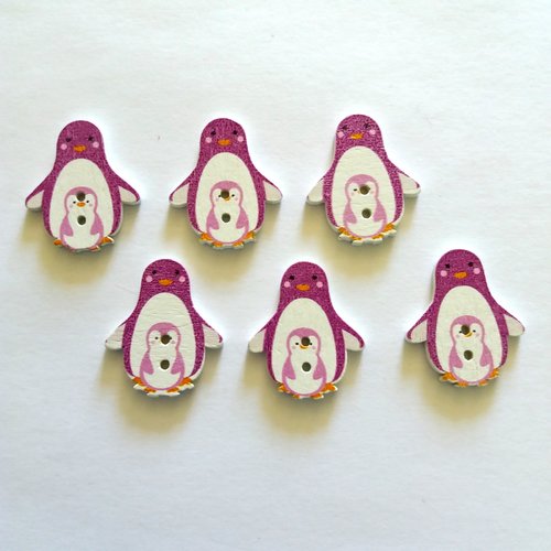 6 boutons fantaisies en bois - pingouin  - violet - bri435 - n°11