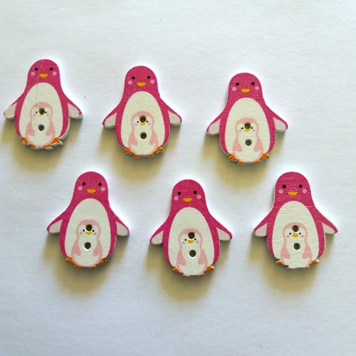 5 boutons fantaisies en bois - pingouin  - rose foncé - bri435 - n°11