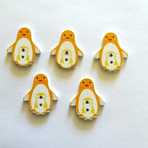 5 boutons fantaisies en bois - pingouin  - jaune - bri435 - n°11