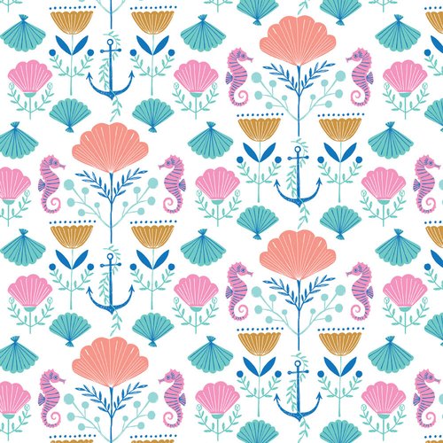Tissu dashwood studio - into the blue - hippocampes et coquillages - coton