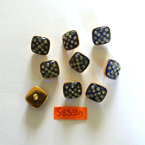9 boutons en métal doré et bleu + strass - vintage - 13x13mm - 5859d