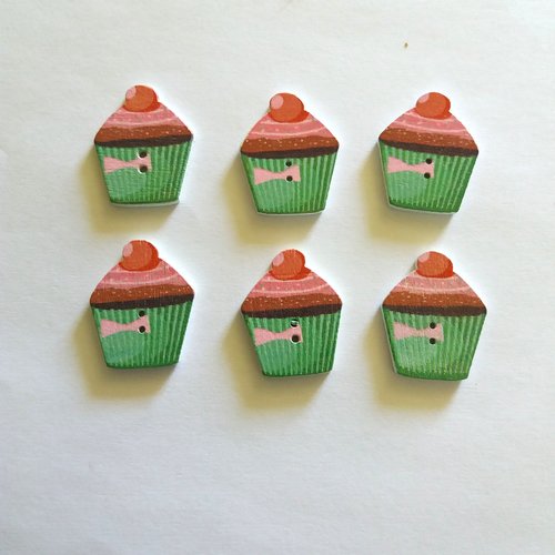 6 boutons fantaisies en bois - cupcake - vert et rose - 20x27mm - bri442 - n°1