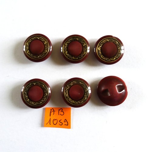 6 boutons en résine bordeaux et doré - 18mm - ab1059