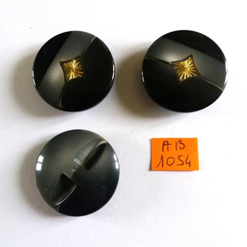 3 boutons en résine gris et doré - 34mm - ab1054