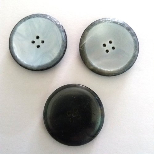 3 boutons en résine bleu / gris - ancien - 36mm - 963mp