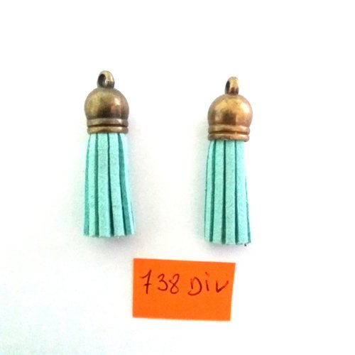 2 pompons suédine turquoise et métal doré - 40mm - 738div