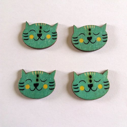 4 boutons fantaisie en bois vert / bleu - tete de chat - 23x30mm - f6