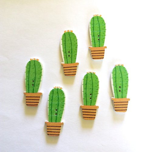 6 boutons fantaisies en bois - cactus vert et marron - bri446 - n°1