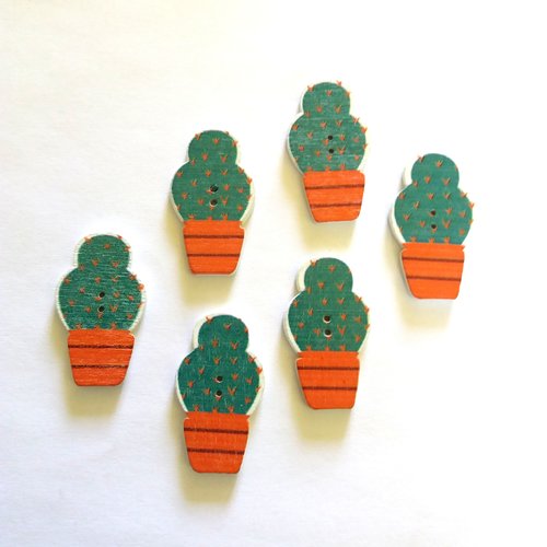 6 boutons fantaisies en bois - cactus orange et bleu/vert - bri446 - n°1